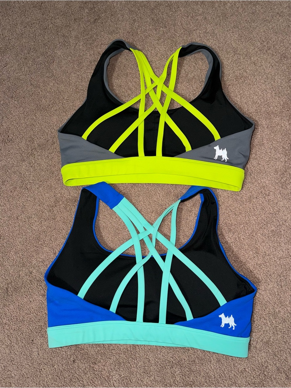 Women’s Crossback Swim Top - Gray with Neon Yellow & Blue with Aqua - Picture 2 of 3